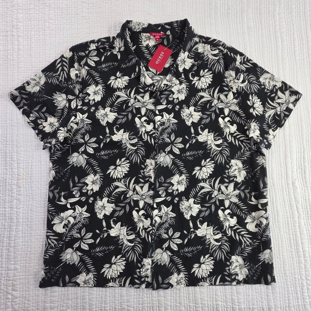 Guess Island SS Linen Cypress Palm Floral Button Down Shirt Black White NWT XL